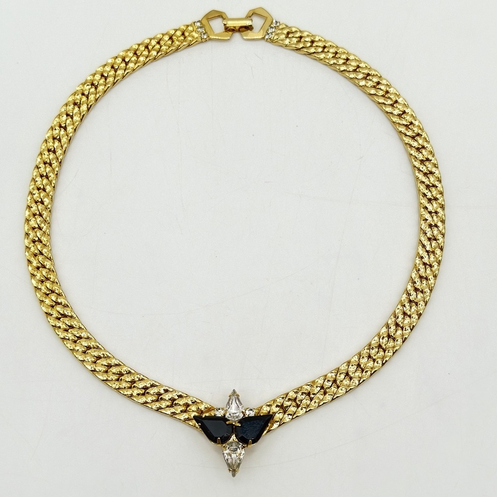 Vintage Egyptian Revival Necklace Goldtone Rope Chain Choker Rhinestone Runway